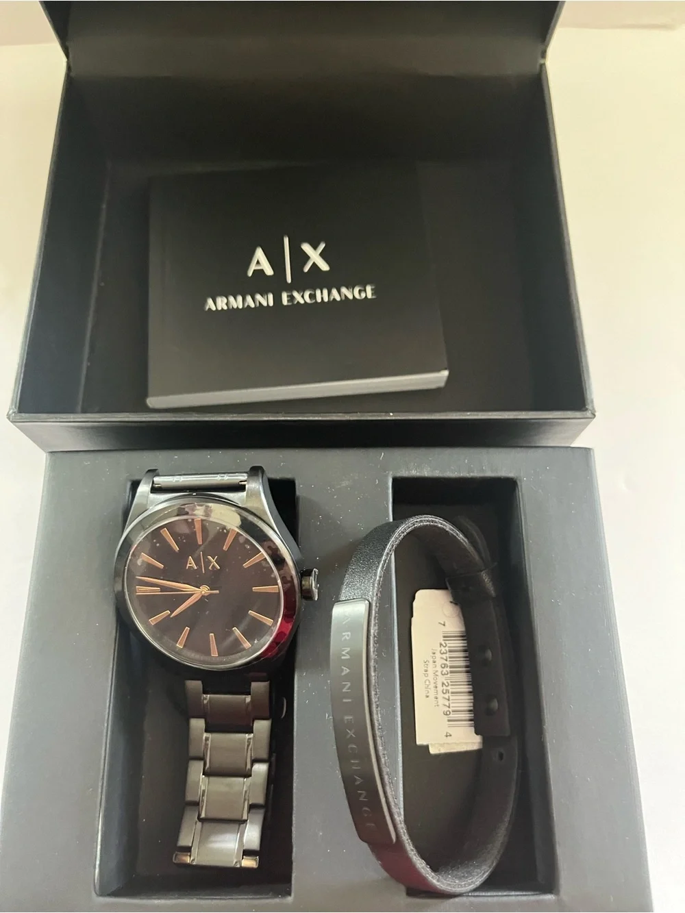 Armani Exchange Black Stainelss Steel Watch  & Matching Leather Bracelet Set NEW